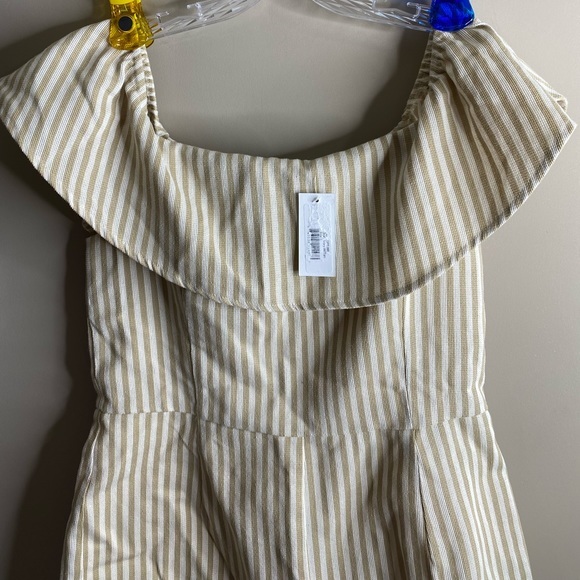 Sugar Lips khaki and white striped off the shoulder romper - Picture 2 of 14